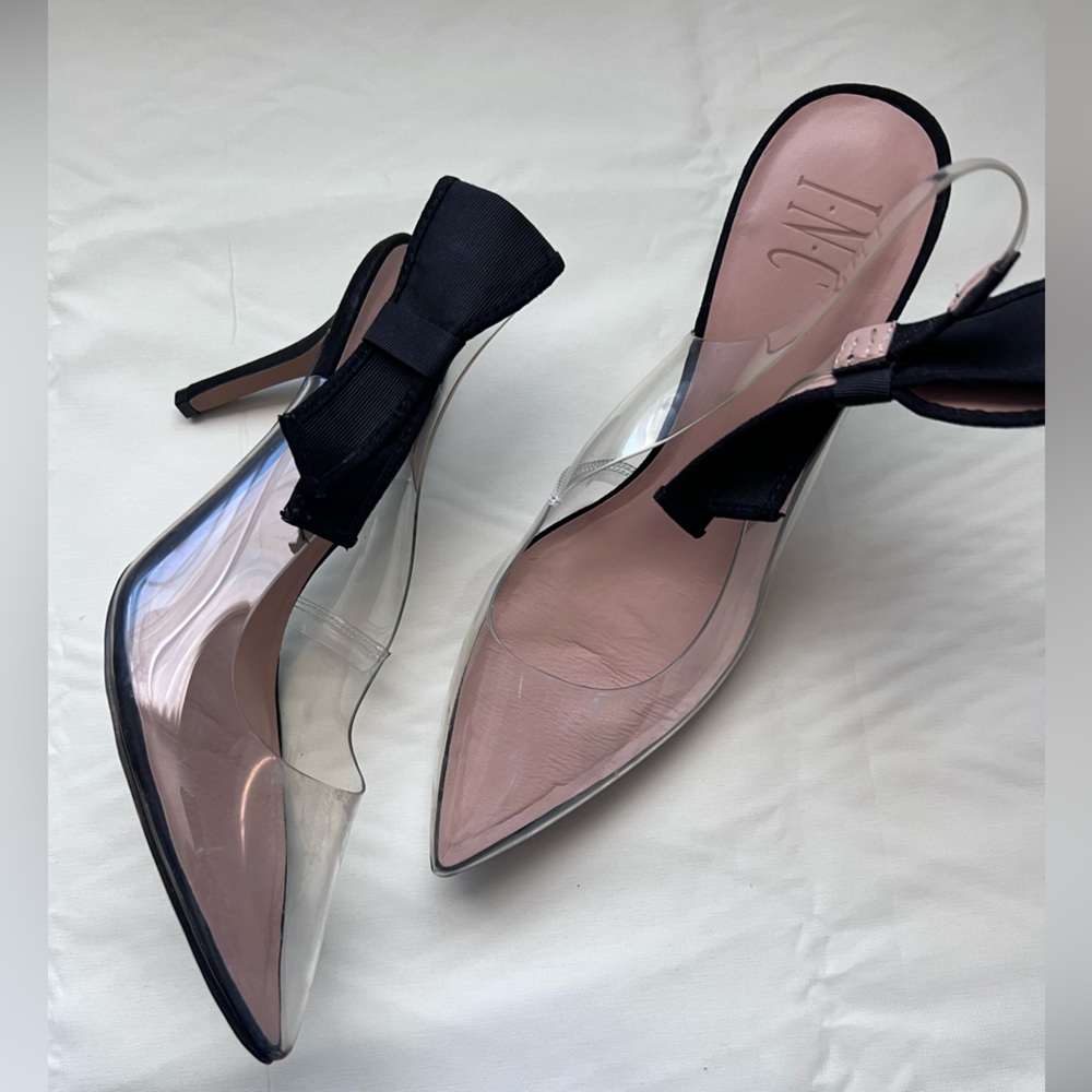 Clear I.N.C Heels with Black Bow Detail